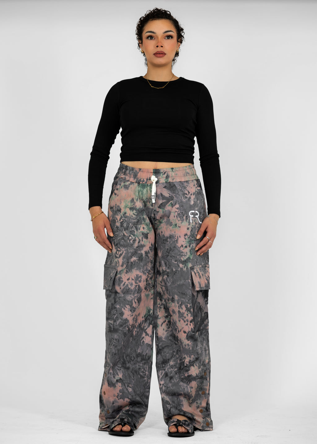 woman in rose gold grey cargo pants