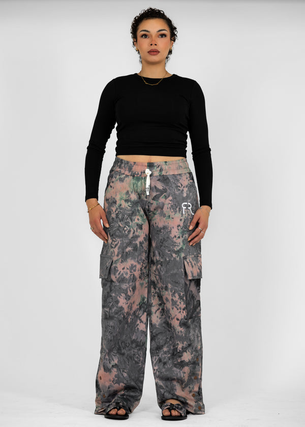 woman in rose gold grey cargo pants